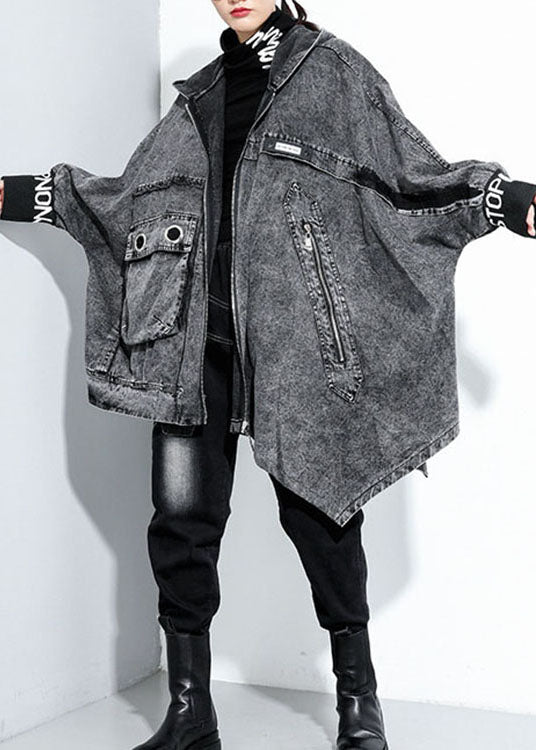 Italienischer schwarzer asymmetrischer Denim-Mantel mit Kapuze Frühling