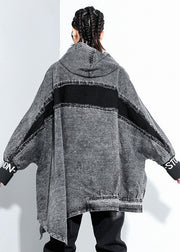Italienischer schwarzer asymmetrischer Denim-Mantel mit Kapuze Frühling
