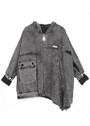 Italienischer schwarzer asymmetrischer Denim-Mantel mit Kapuze Frühling
