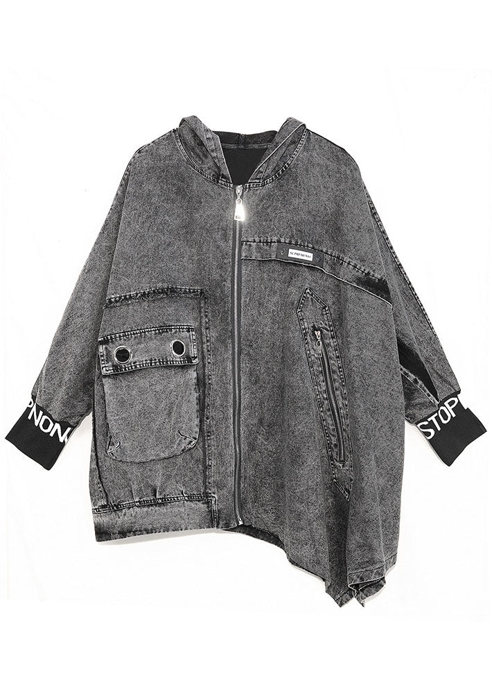 Italienischer schwarzer asymmetrischer Denim-Mantel mit Kapuze Frühling