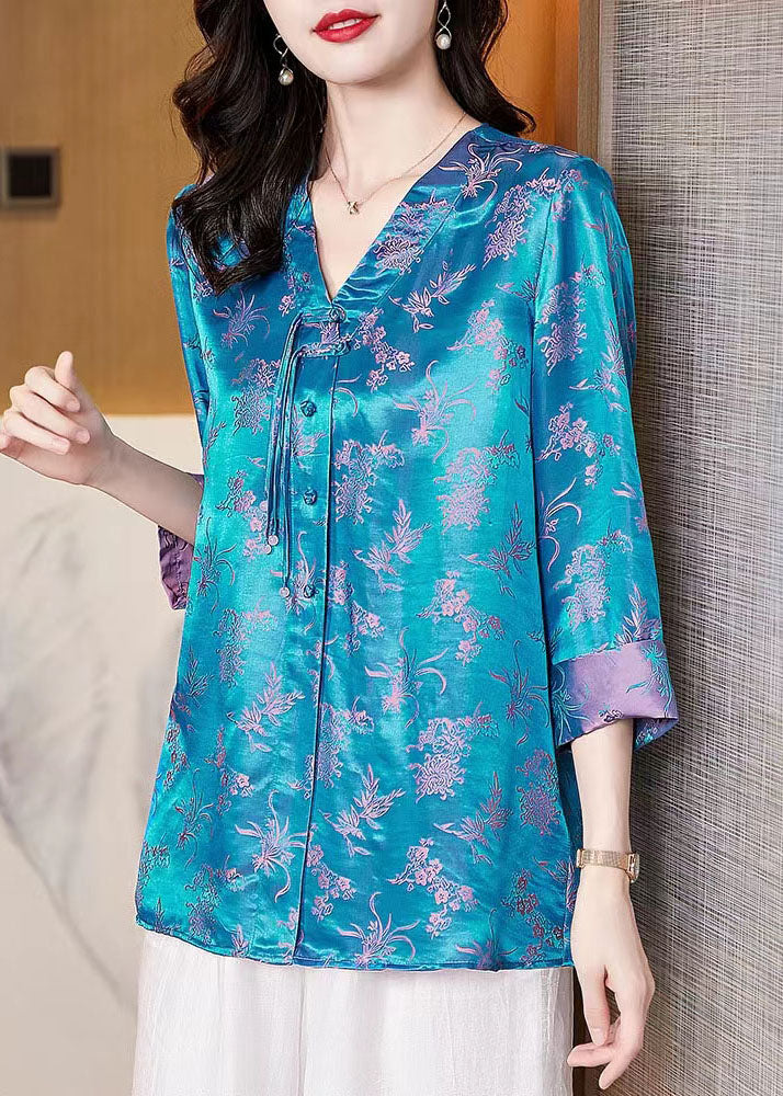 Italian Blue Jacquard V Neck Button Silk Shirt Bracelet Sleeve