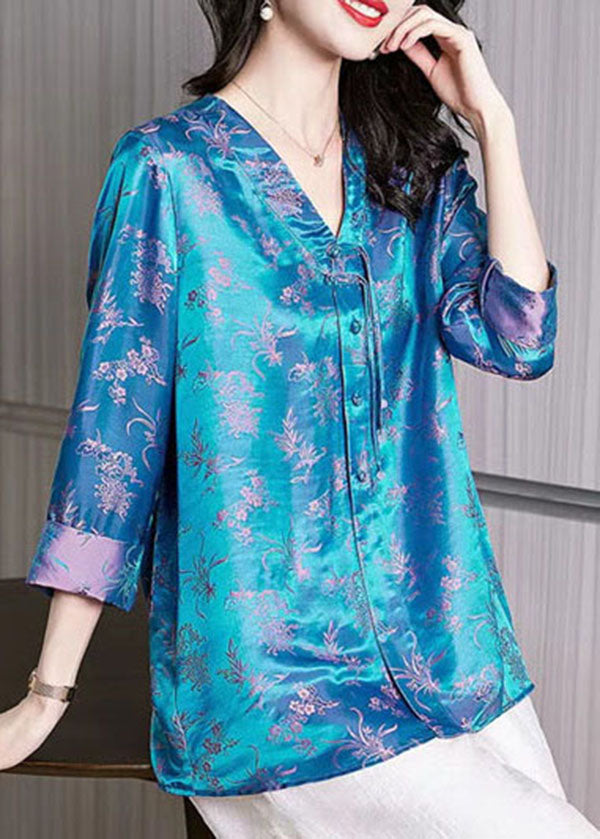 Italian Blue Jacquard V Neck Button Silk Shirt Bracelet Sleeve