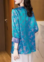 Italian Blue Jacquard V Neck Button Silk Shirt Bracelet Sleeve