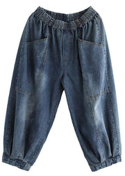 Italian Blue Pockets Elastic Waist Harem Pants denim - SooLinen