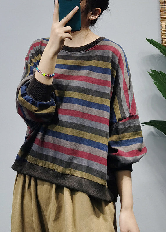 Italian Colorblock 1 O-Neck Striped Patchwork Cotton Sweatshirt Top Long Sleeve