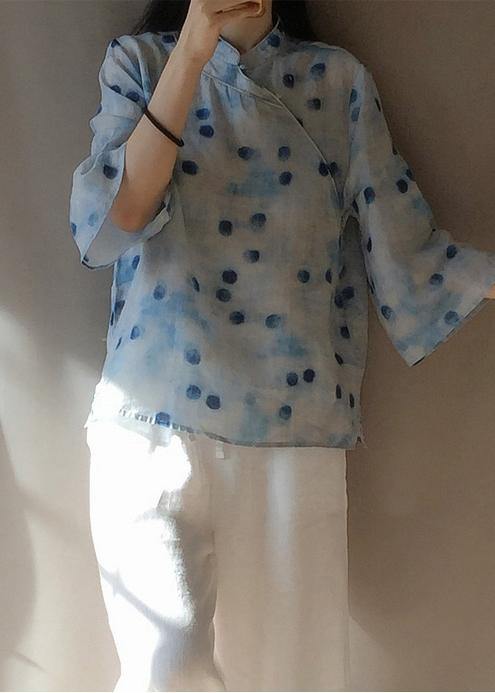 Italian Dotted Clothes Stand Collar Flare Sleeve Box Shirts - SooLinen