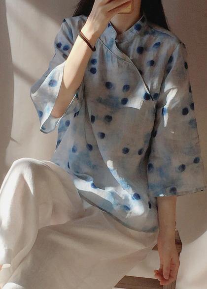 Italian Dotted Clothes Stand Collar Flare Sleeve Box Shirts - SooLinen