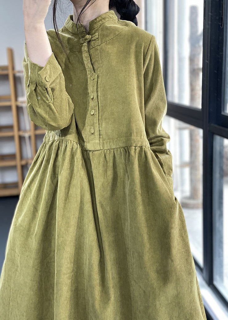 Italienisches grünes Stehkragen-Patchwork-Cord-Kleid Winter
