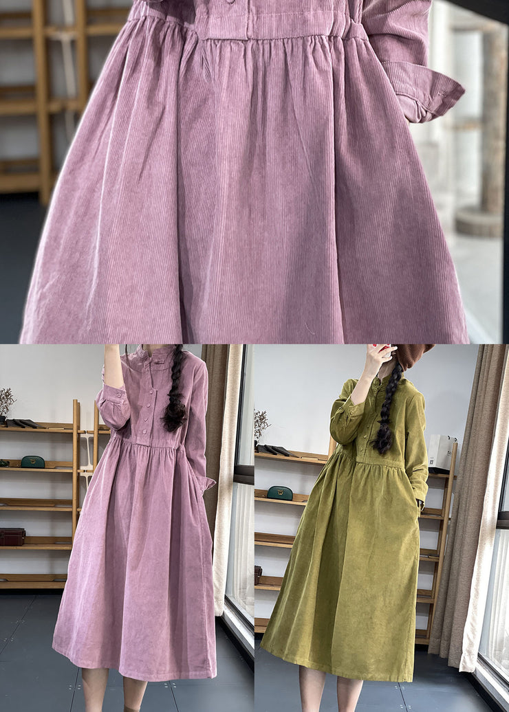 Italienisches grünes Stehkragen-Patchwork-Cord-Kleid Winter