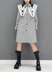 Italian Grey Plaid PeterPan Collar Button Dresses Fall Long Sleeve - SooLinen