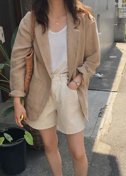 Italienische Khaki Bubikragen Taschen Leinen Mäntel Frühling