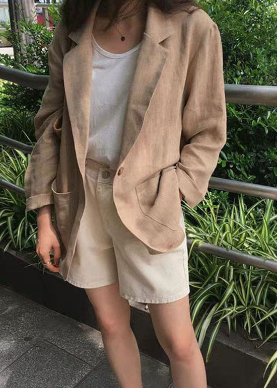 Italienische Khaki Bubikragen Taschen Leinen Mäntel Frühling