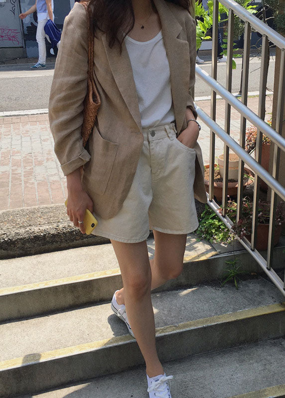 Italienische Khaki Bubikragen Taschen Leinen Mäntel Frühling