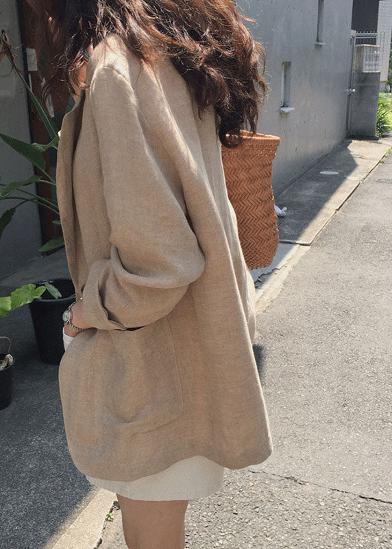 Italienische Khaki Bubikragen Taschen Leinen Mäntel Frühling