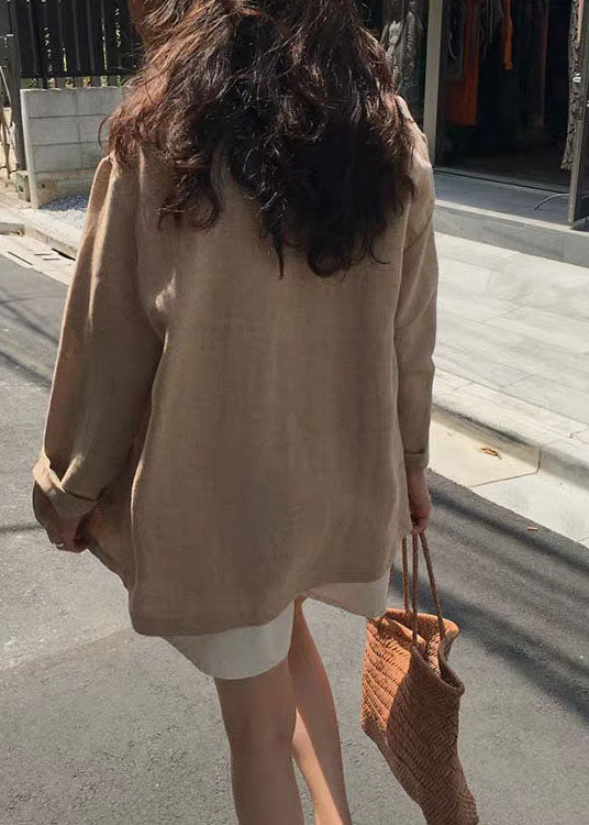 Italienische Khaki Bubikragen Taschen Leinen Mäntel Frühling