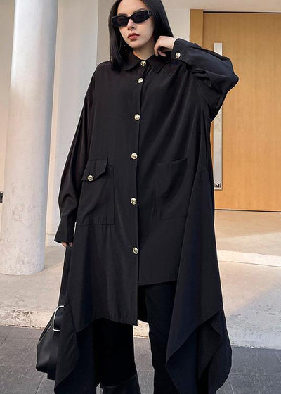 Italian Lapel Asymmetric Spring Blouse Neckline Black Top - SooLinen