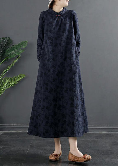 Italian Navy Embroidery Long Stand Collar Vestidos De Lino Dresses - SooLinen