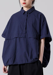 Italian Navy Peter Pan Collar Pockets Cotton Blouse Tops Short Sleeve