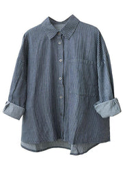 Italian Navy Striped PeterPan Collar Button Pockets Fall Top Long sleeve - SooLinen