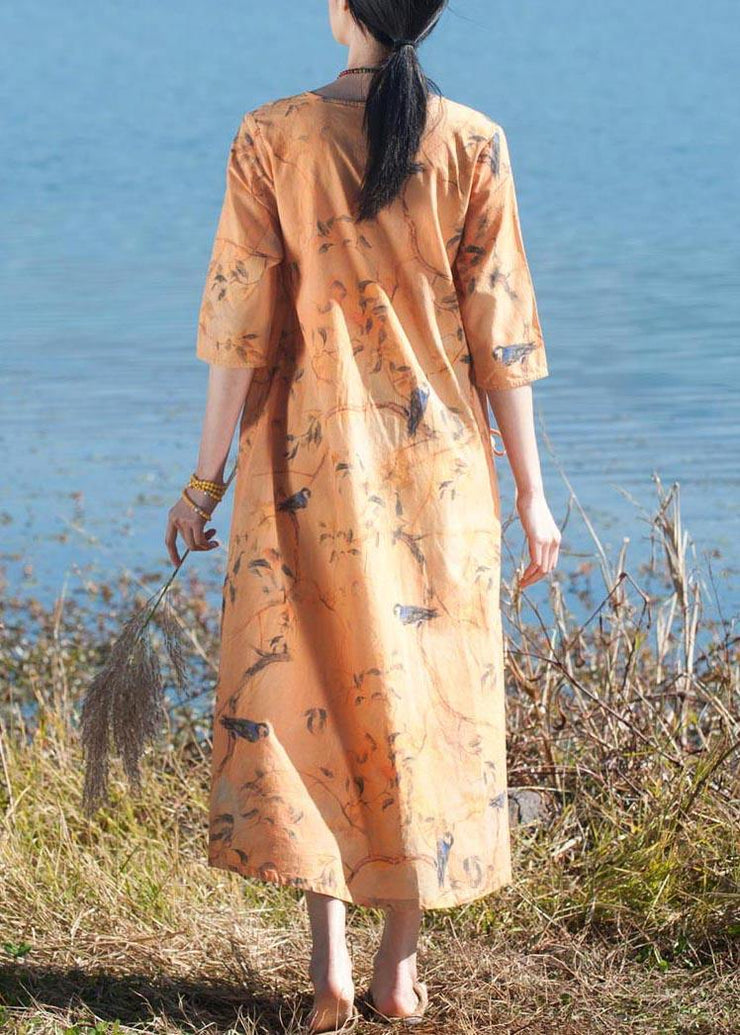 Italian O Neck Half Sleeve Dress Yellow Flower And Bird Print Maxi Dress - SooLinen