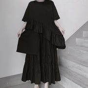 Italian O Neck Ruffles Asymmetric Tunic Top Fashion Ideas Black Blouses - SooLinen