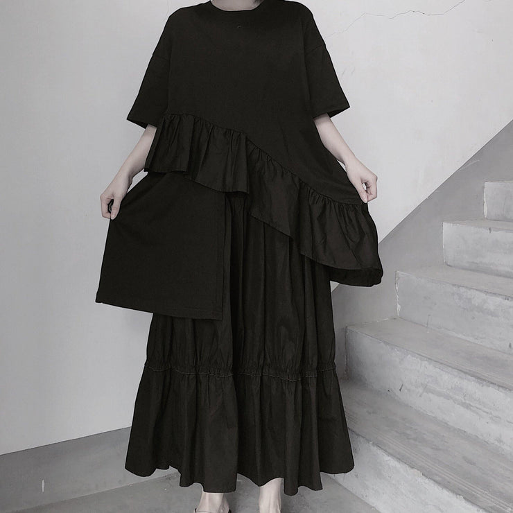 Italian O Neck Ruffles Asymmetric Tunic Top Fashion Ideas Black Blouses - SooLinen