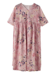 Italian Pink Print Cotton Orientaltie waist Spring Dress - SooLinen