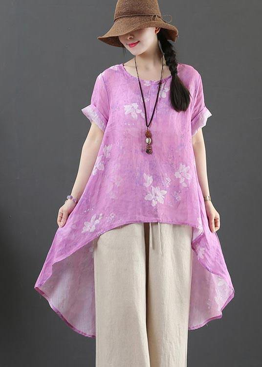 Italian Purple Print Linen Button Summer Shirt Top - SooLinen