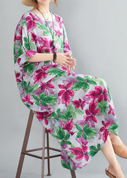Italian Red O-Neck Oversized Print Linen Long Dresses Gown Half Sleeve