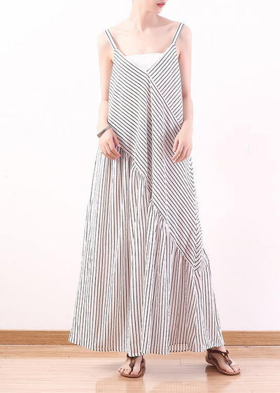 Italian Spaghetti Strap asymmetric chiffon clothes For Women white striped Dress Summer - SooLinen