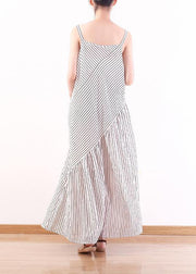 Italian Spaghetti Strap asymmetric chiffon clothes For Women white striped Dress Summer - SooLinen