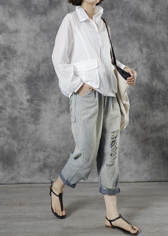 Italian White Loose Pockets Fall Tops Long Sleeve - SooLinen