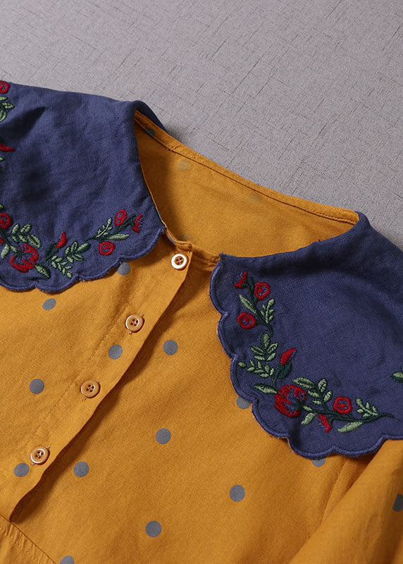 Italian Yellow Embroideried Patchwork Dot Cotton Party Dress Spring