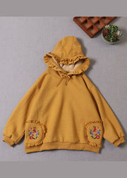 Italian Yellow Hooded drawstring Warm Fleece Pullover Sweatshirt Winter