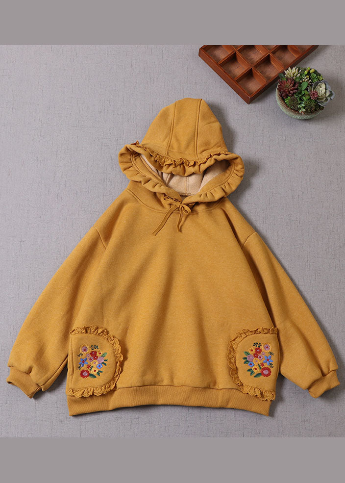 Italian Yellow Hooded drawstring Warm Fleece Pullover Sweatshirt Winter