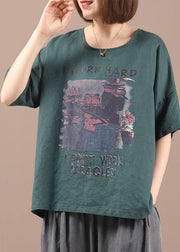 Italian Yellow Print O-Neck Cotton Linen Tee Summer - SooLinen