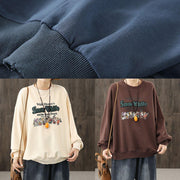 Italian beige Cartoon print tops women o neck loose top - SooLinen