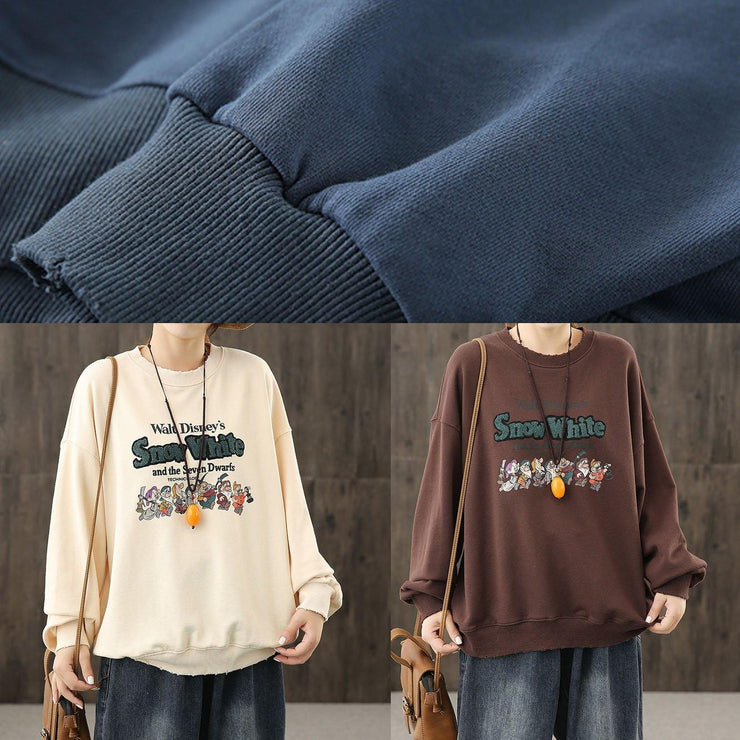 Italian beige Cartoon print tops women o neck loose top - SooLinen