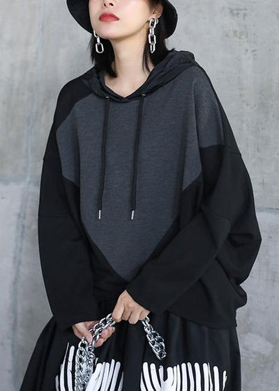 Italian black asymmetric outfit hooded patchwork Midi tops - SooLinen