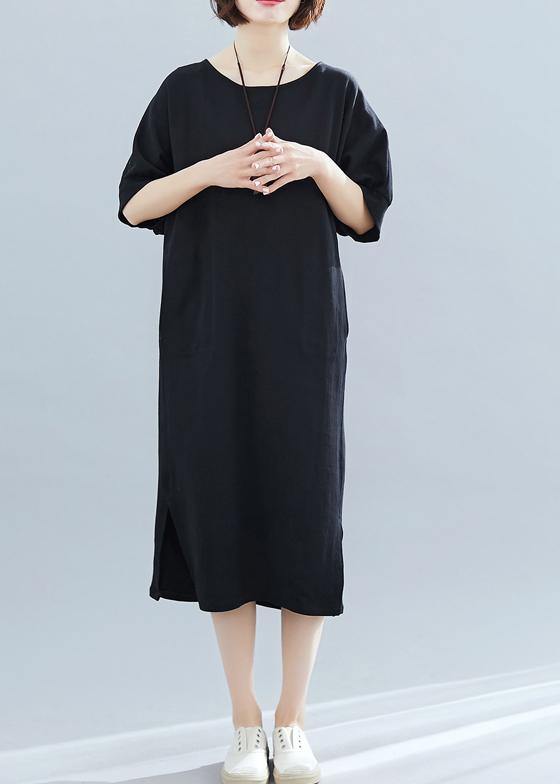 Italian black cotton Wardrobes o neck side open Art summer Dress - SooLinen