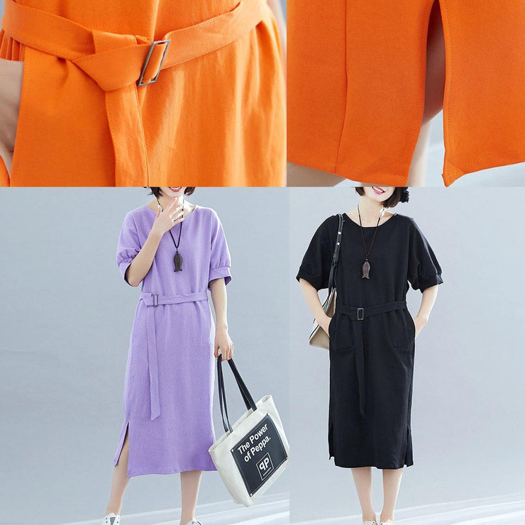 Italian black cotton Wardrobes o neck side open Art summer Dress - SooLinen