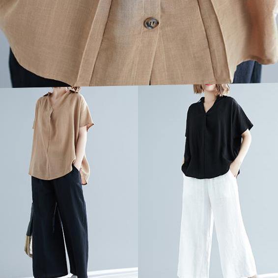 Italian black linen cotton Blouse Pakistani Fabrics v neck Button Down Knee Summer blouses - SooLinen