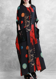 Italian black red print dress o neck patchwork lace Maxi Dress - SooLinen