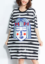 Italienische schwarz-weiß gestreifte Seidenmischkleidung Organic Outfits Baggy Short Sommerkleid mit O-Ausschnitt