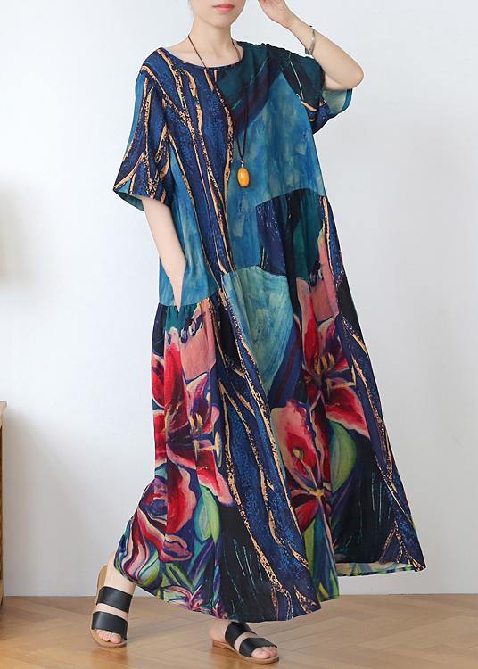 Italian blue print linen clothes o neck exra large hem Dresses summer Dress - SooLinen