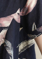 Italian blue prints cotton Tunic o neck cotton summer shirt - SooLinen