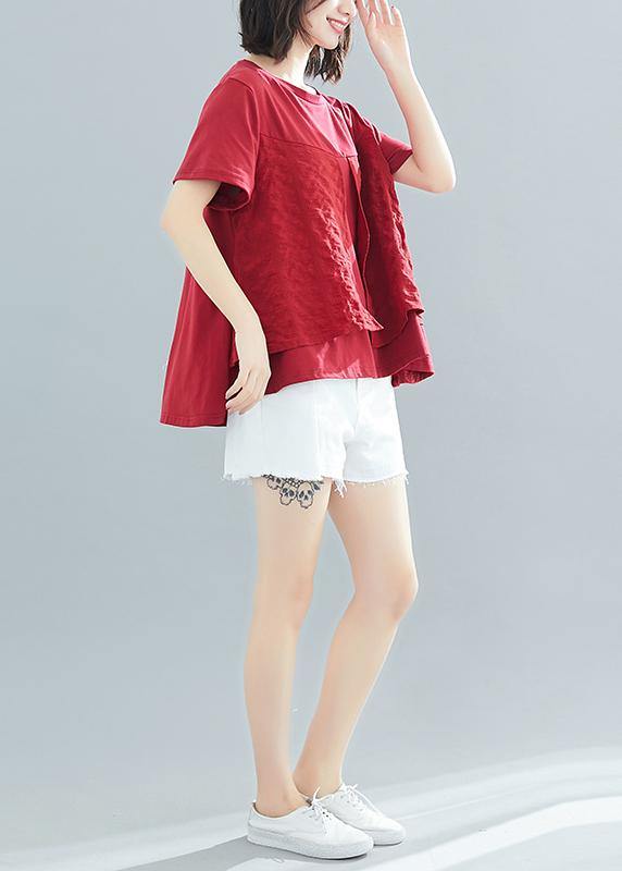 Italian burgundy cotton clothes For Women Fitted Sewing o neck patchwork Art Summer tops - SooLinen