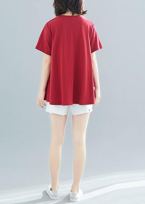 Italian burgundy cotton clothes For Women Fitted Sewing o neck patchwork Art Summer tops - SooLinen