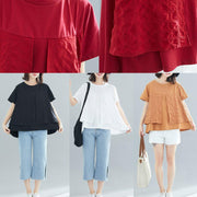 Italian burgundy cotton clothes For Women Fitted Sewing o neck patchwork Art Summer tops - SooLinen