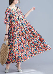 Italian floral cotton Robes o neck Cinched Maxi summer Dress - SooLinen